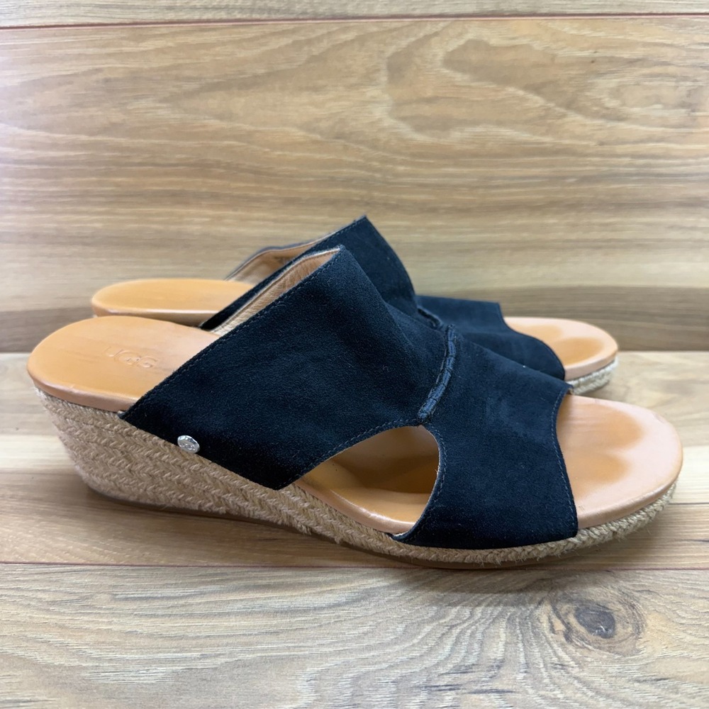 UGG Eirene Wedge Sandals 12 Black Suede‎ Espadrille Slip On Vacation Resort Walk